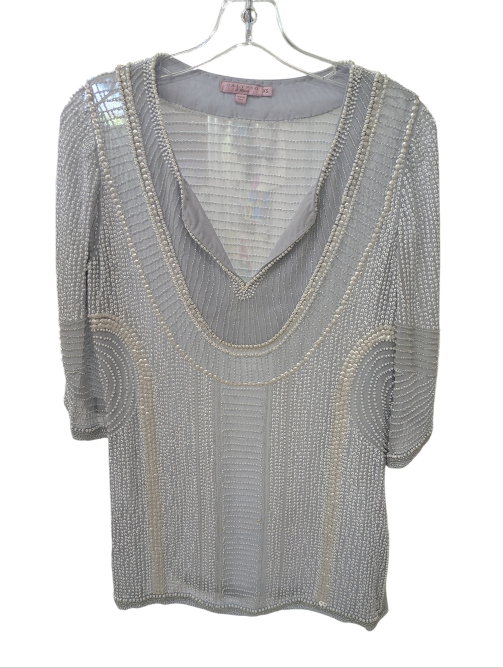 VTG Calypso St Barth 100% Silk Sheer Tunic Gray White Beads Sequins Pearls Sz XS